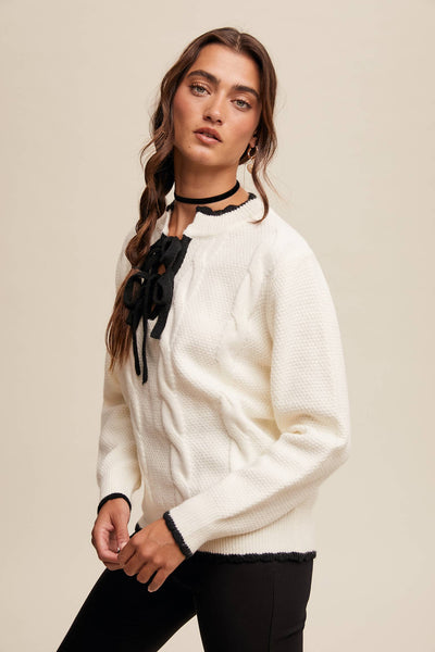Contrast Bow-Tie Knit Pullover Sweater