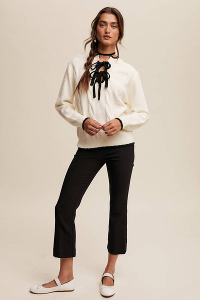 Contrast Bow-Tie Knit Pullover Sweater