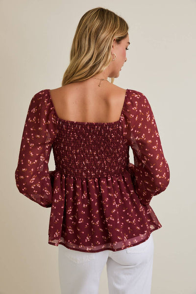 Burgundy Floral Square Neck Blouse