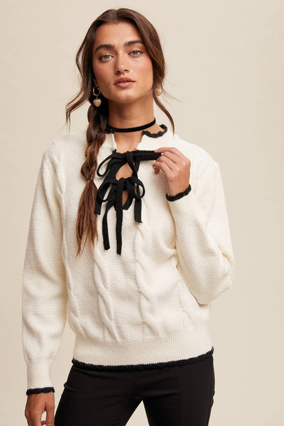 Contrast Bow-Tie Knit Pullover Sweater