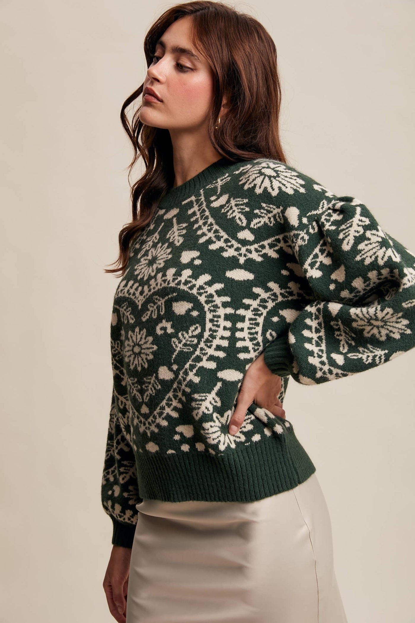Heart Jacquard Knit Sweater: Deep Green
