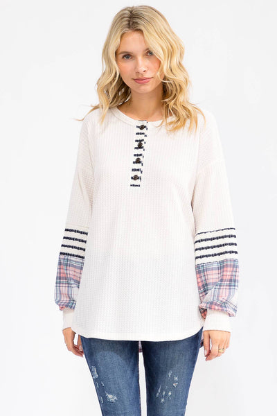 Cream Waffle Knit Plaid and Stripe Top