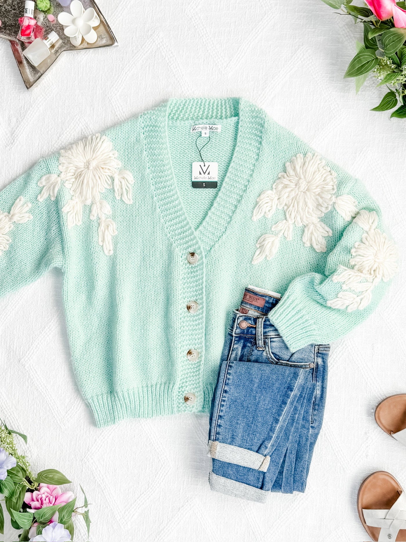 IN STOCK Mint and Tan Floral Cardigan