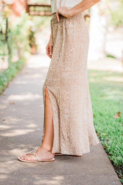 Taupe Boho Print Side Slit Smocked Pants