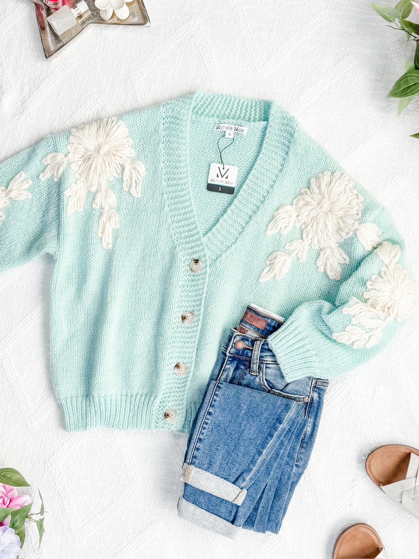 IN STOCK Mint and Tan Floral Cardigan