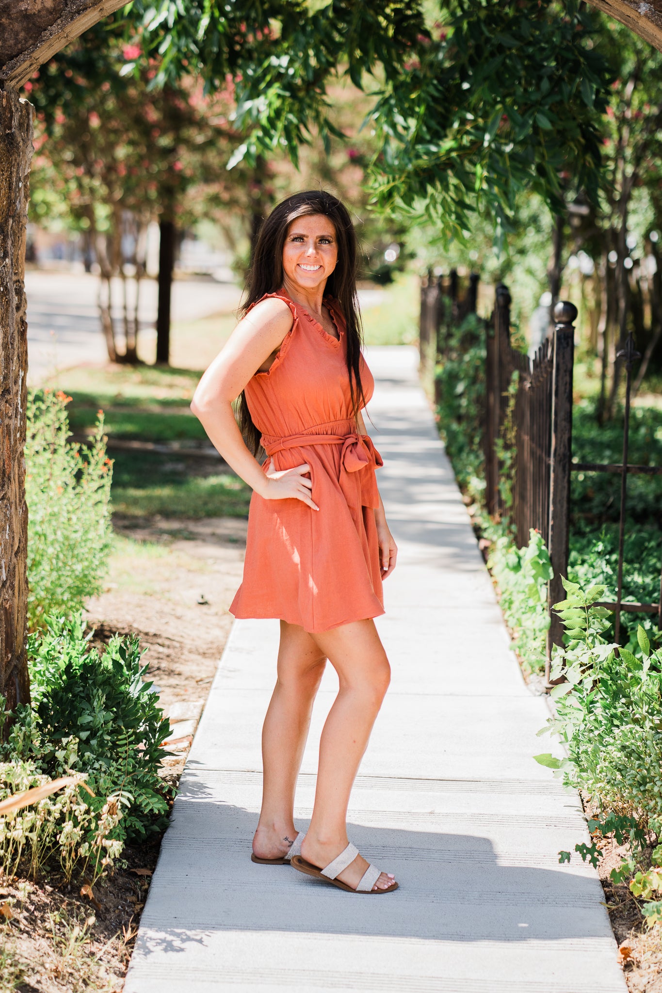 Brick V-Neck Frill Front Tie Dress
