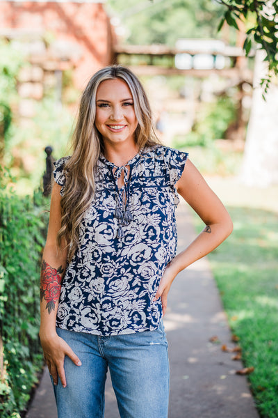 Navy Floral Flutter Sleeve Blouse