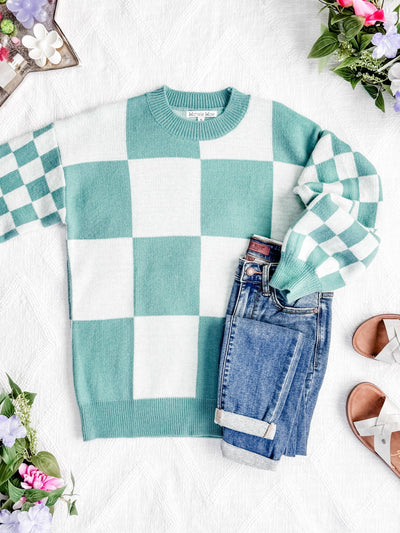 IN STOCK Checkered Pullover Sweater - Dusty Jade