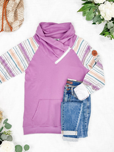 IN STOCK Zoey ZipCowl Sweatshirt - Mauve and Stripes