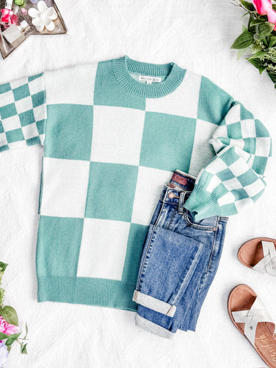 IN STOCK Checkered Pullover Sweater - Dusty Jade