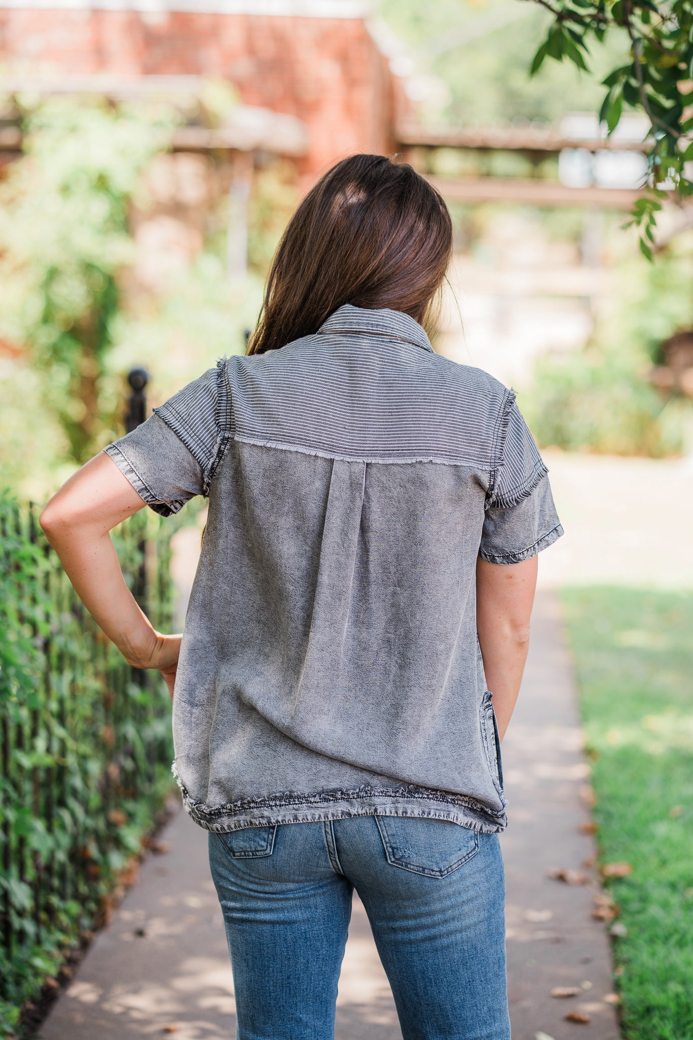 Black Denim Patchwork Button Up Shirt