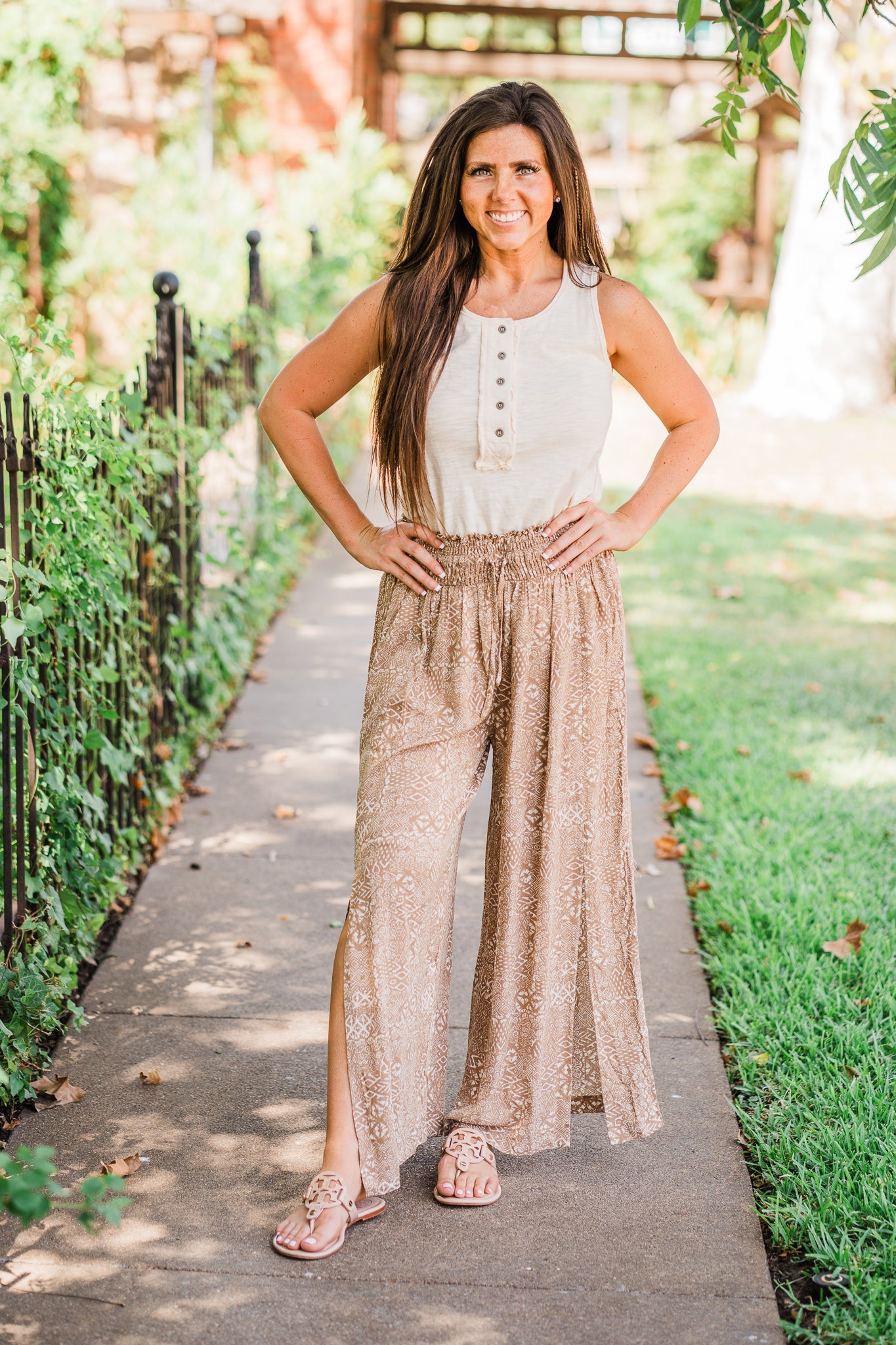Taupe Boho Print Side Slit Smocked Pants
