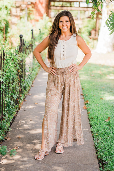 Taupe Boho Print Side Slit Smocked Pants