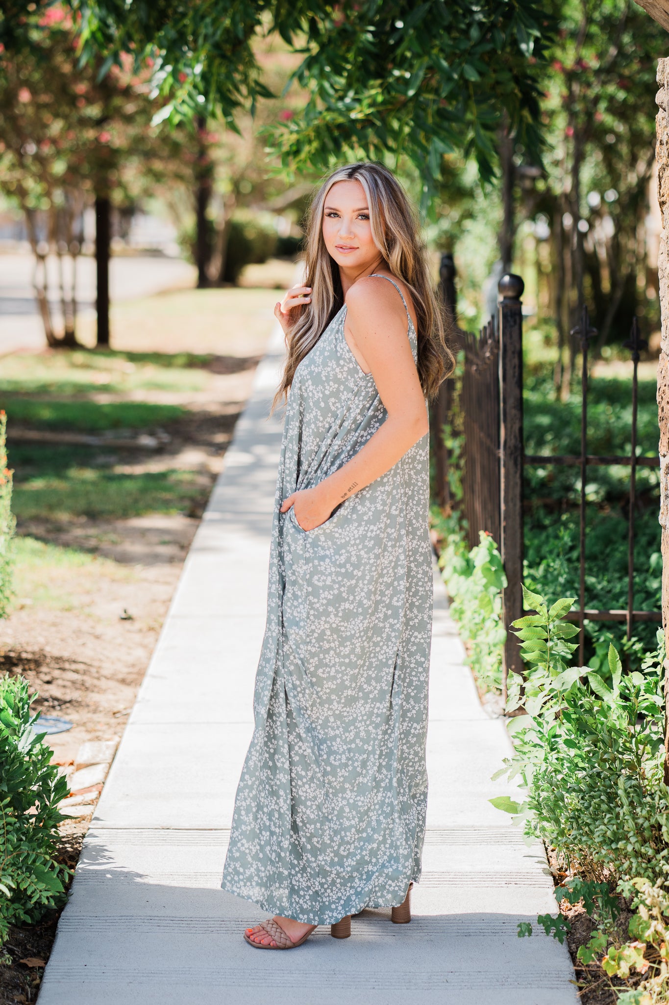Sage Printed Challis Floral Maxi Dress