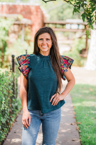 Teal Ribbed Embroidered Knit Top