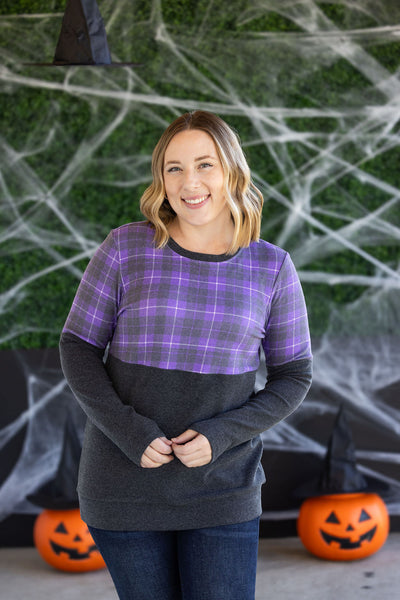 IN STOCK Natalie Pullover - Purple Plaid and Charcoal