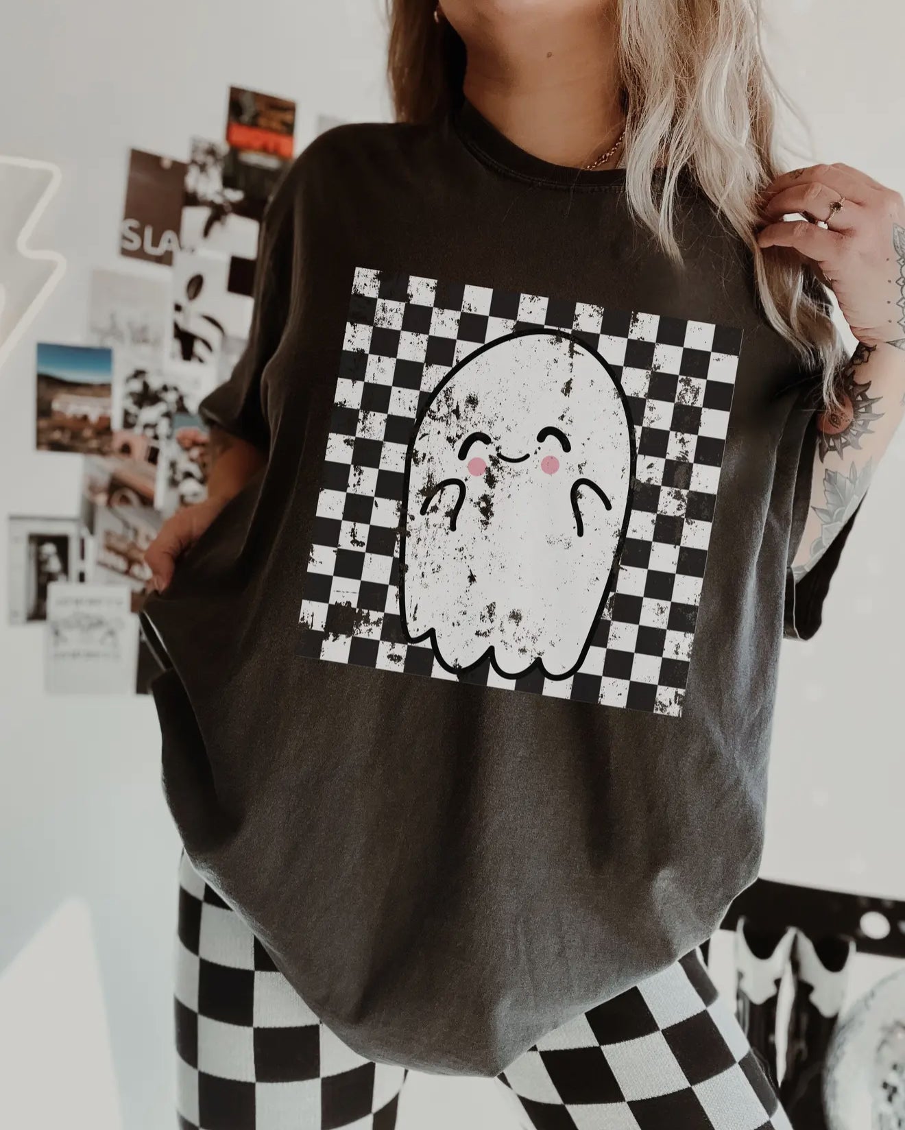 Checkered Ghost T-Shirt- Black