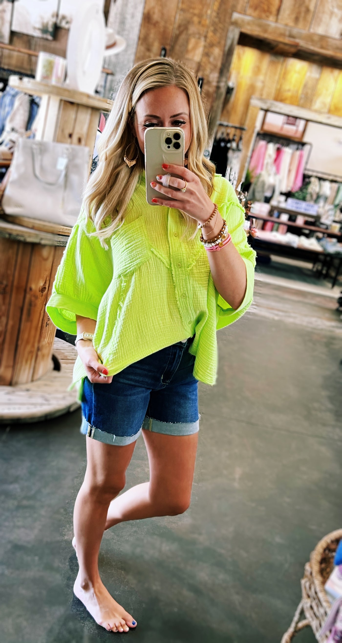 Lime Mineral Wash Gauze Button Down Shirt