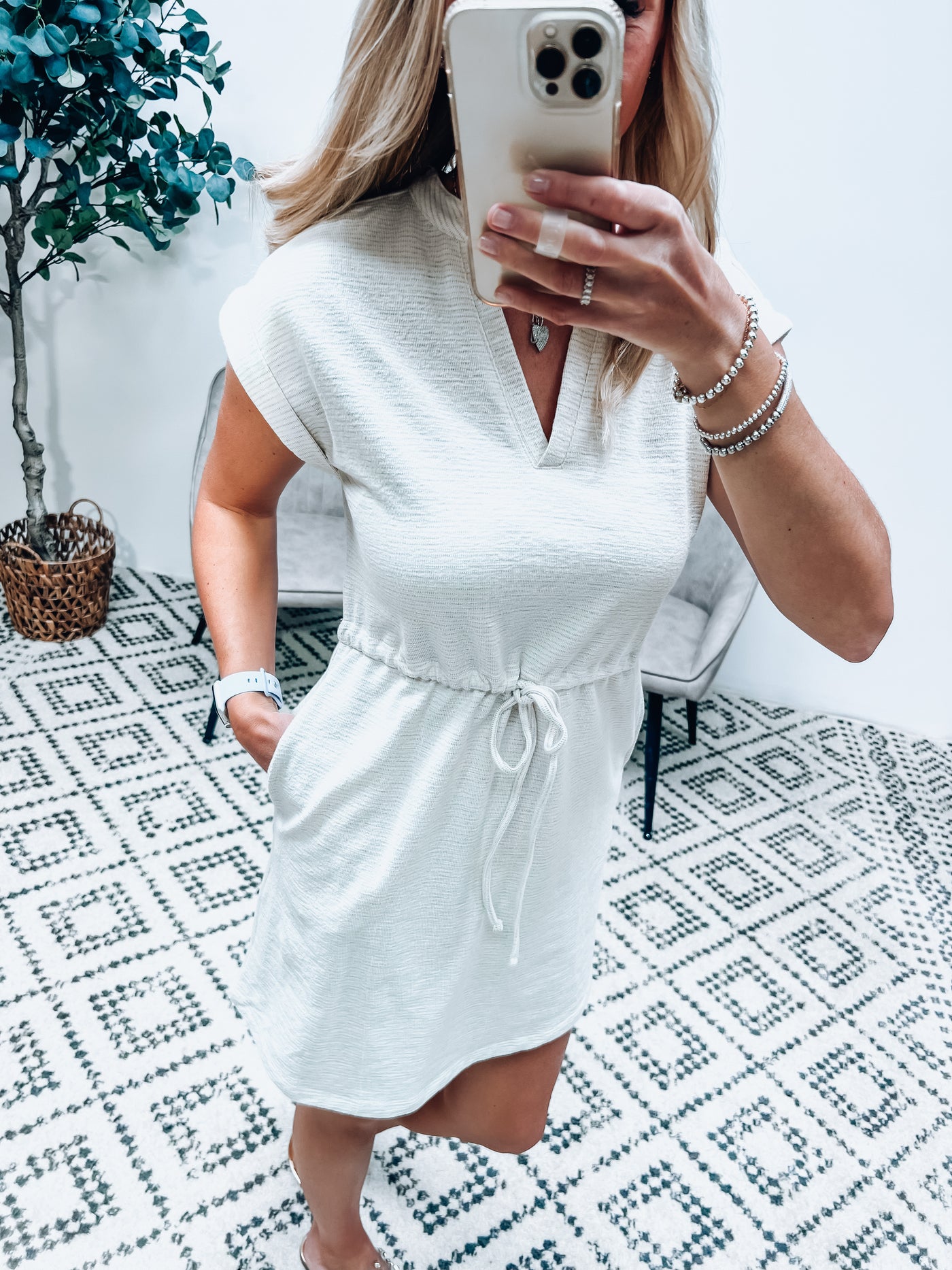 Cream Utility Dress w/ Cinched Waist