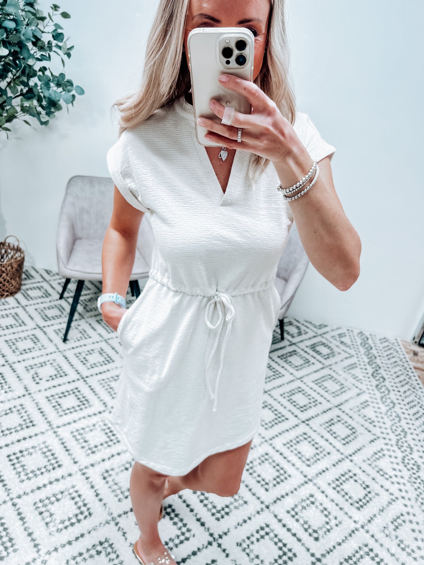 Cream Utility Dress w/ Cinched Waist