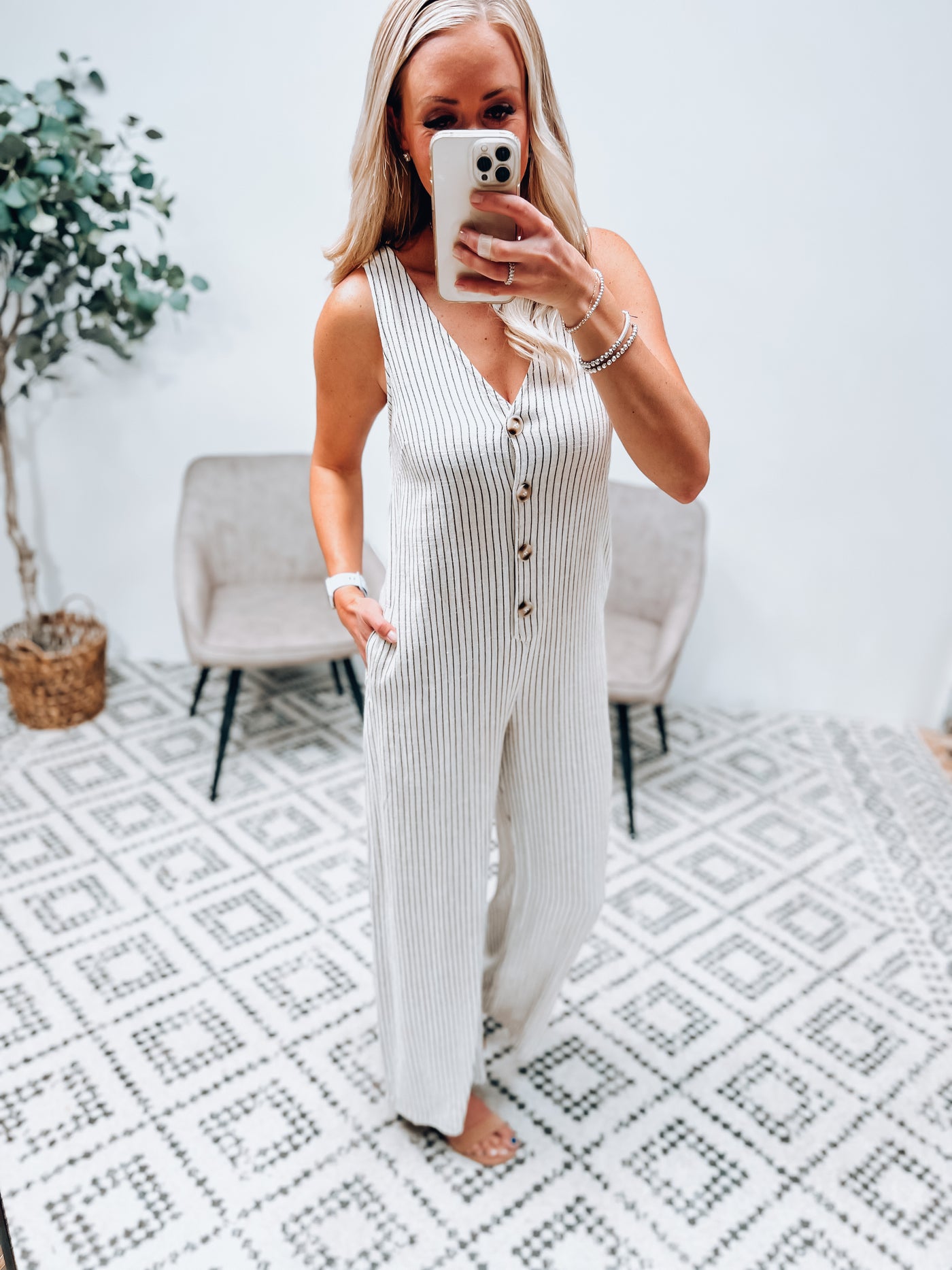 Ivory & Black Pinstripe Jumpsuit