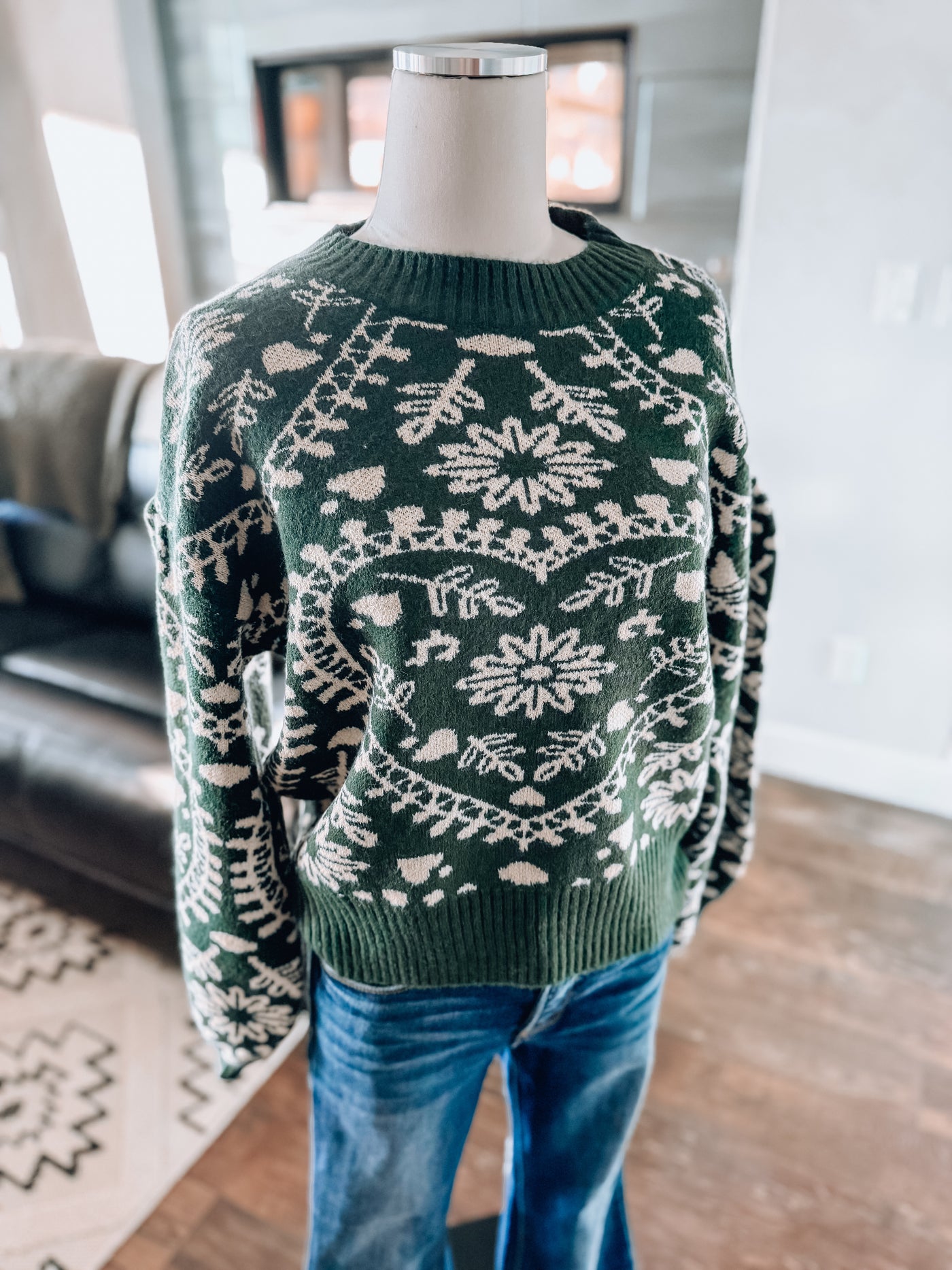 Heart Jacquard Knit Sweater: Deep Green