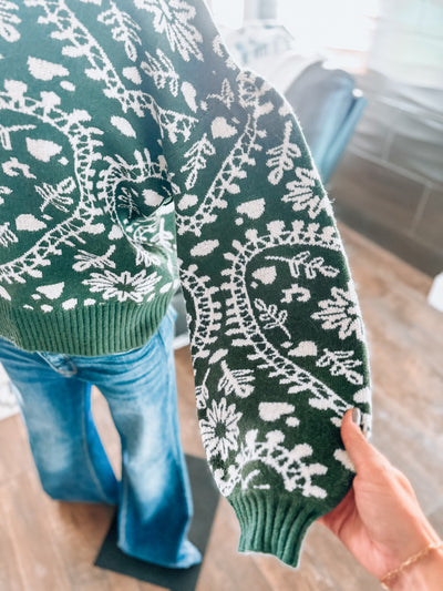 Heart Jacquard Knit Sweater: Deep Green