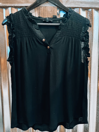 Black Blouse with Smocked Short Sleeves