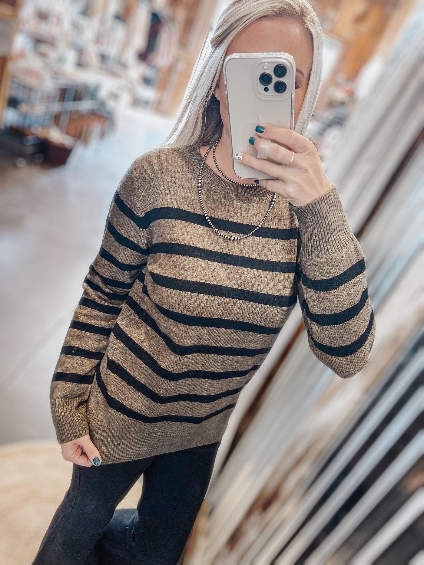 Black and Dark Olive Striped Sweater Top