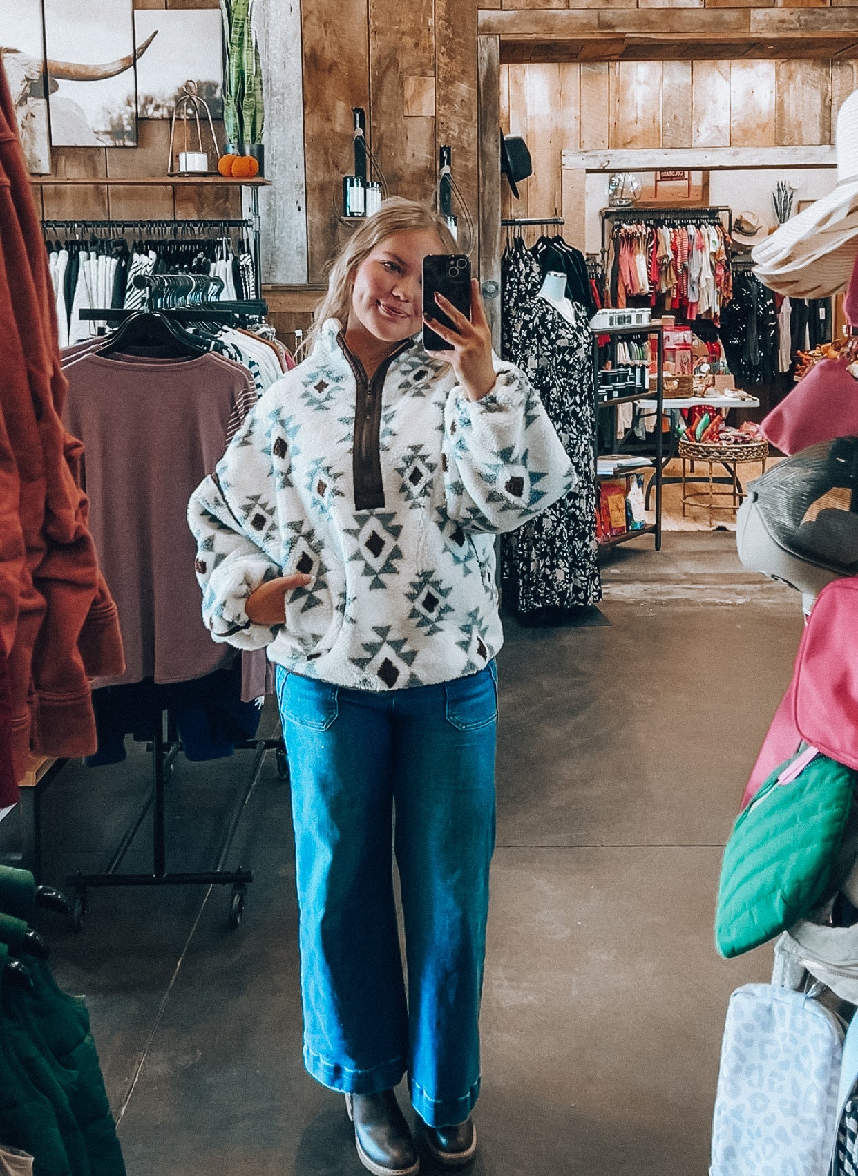 Geo Print Sherpa Fleece Half Zip Pullover