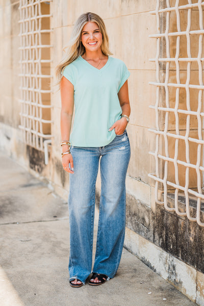 Mint Ribbed Short Sleeve Top