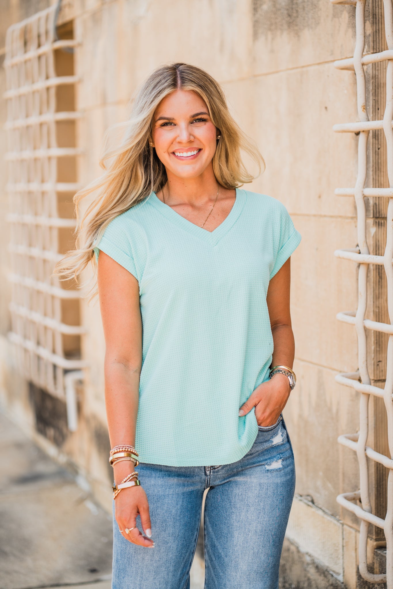 Mint Ribbed Short Sleeve Top