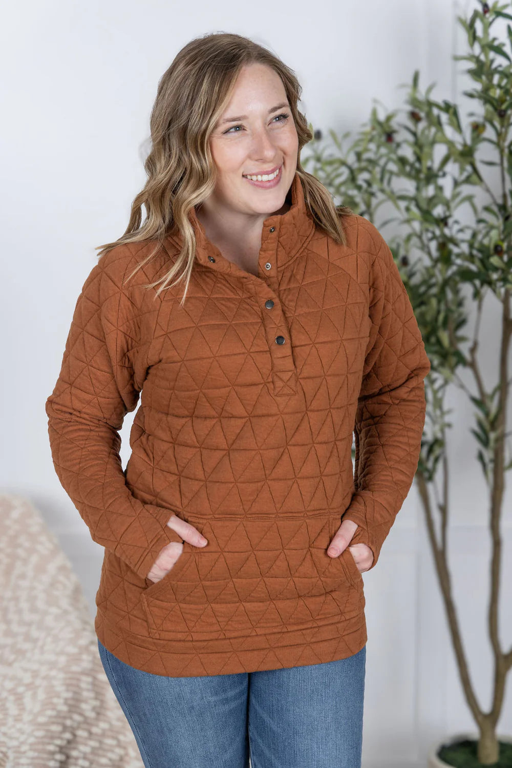 Geometric Snap Pullover- Rust