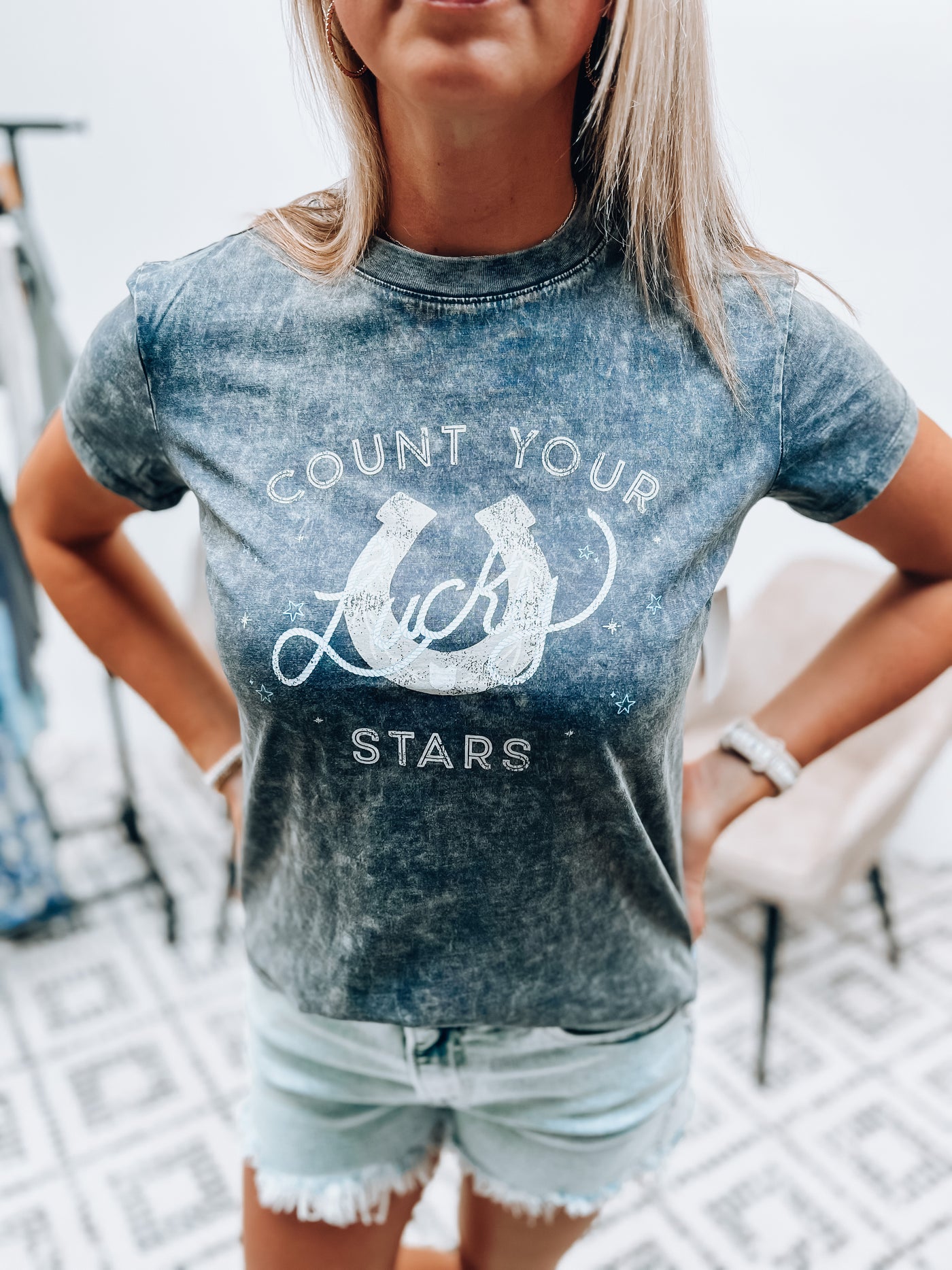 Acid Washed Navy/Charcoal Count Your Lucky Stars Graphic Tee