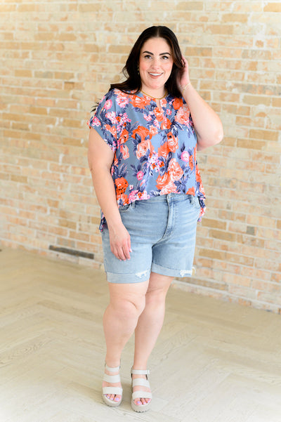 Lizzy Cap Sleeve Top in Dusty Blue and Coral Roses