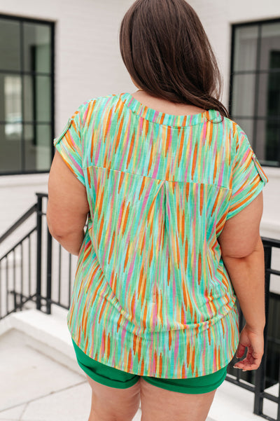 Lizzy Cap Sleeve Top in Lime and Emerald Multi Stripe