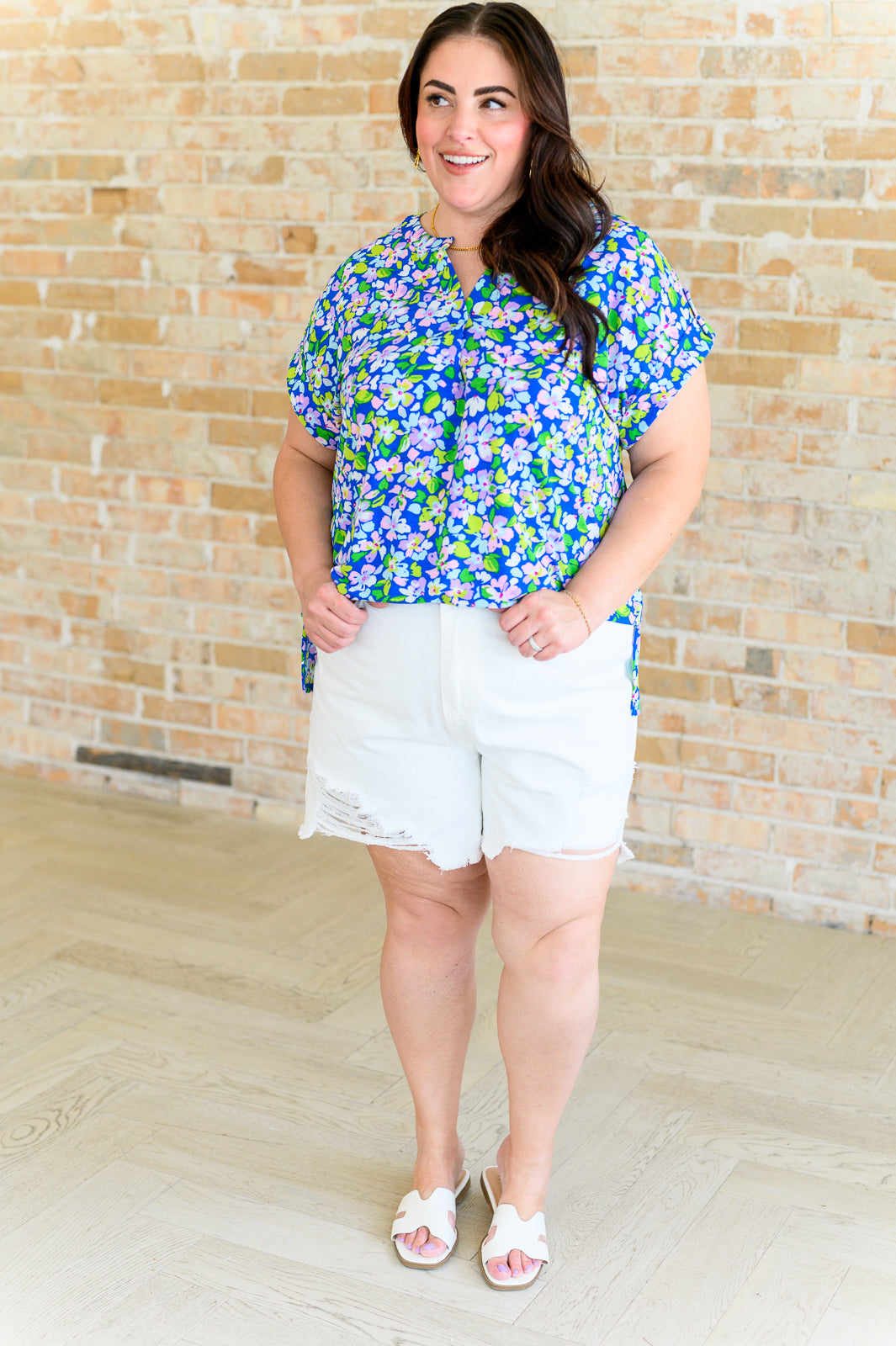 Lizzy Cap Sleeve Top in Royal and Pink Wildflower