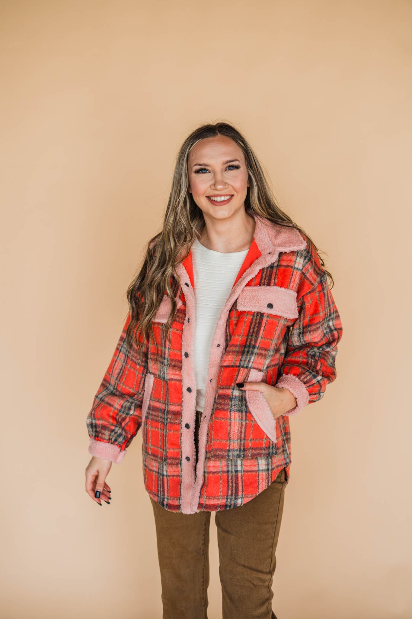 Holiday Spirit Jacket in Red, Tan, Charcoal Plaid