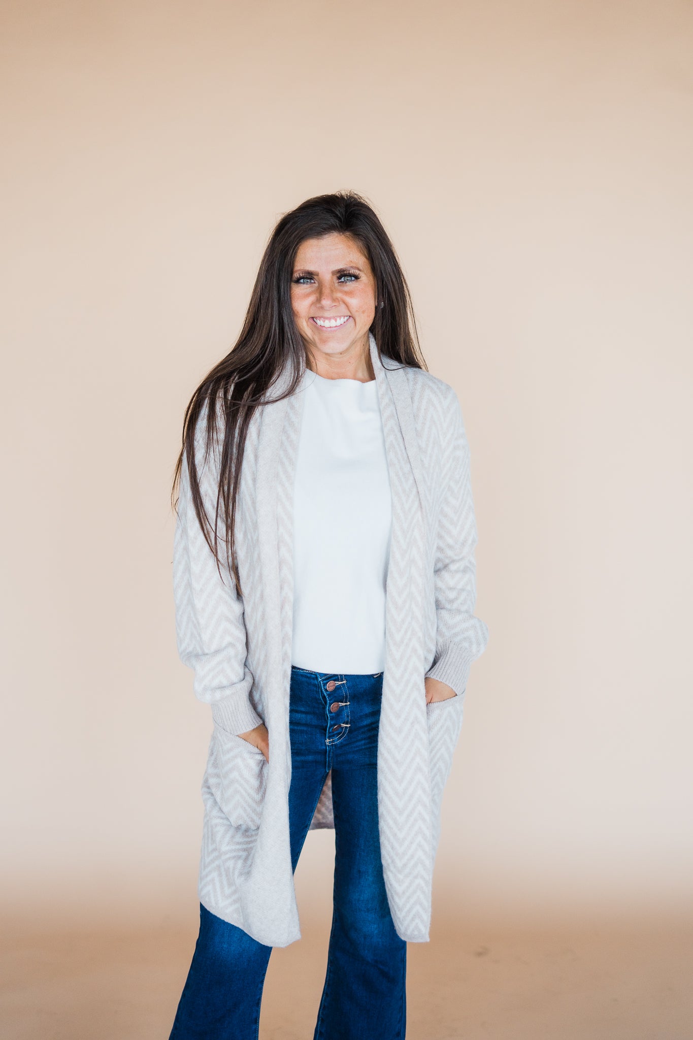 Ivory Cozy Heathered Chevron Shawl Cardigan