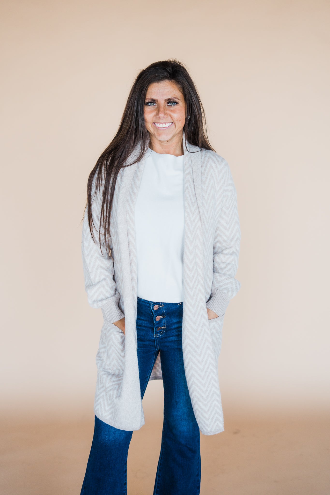 Ivory Cozy Heathered Chevron Shawl Cardigan