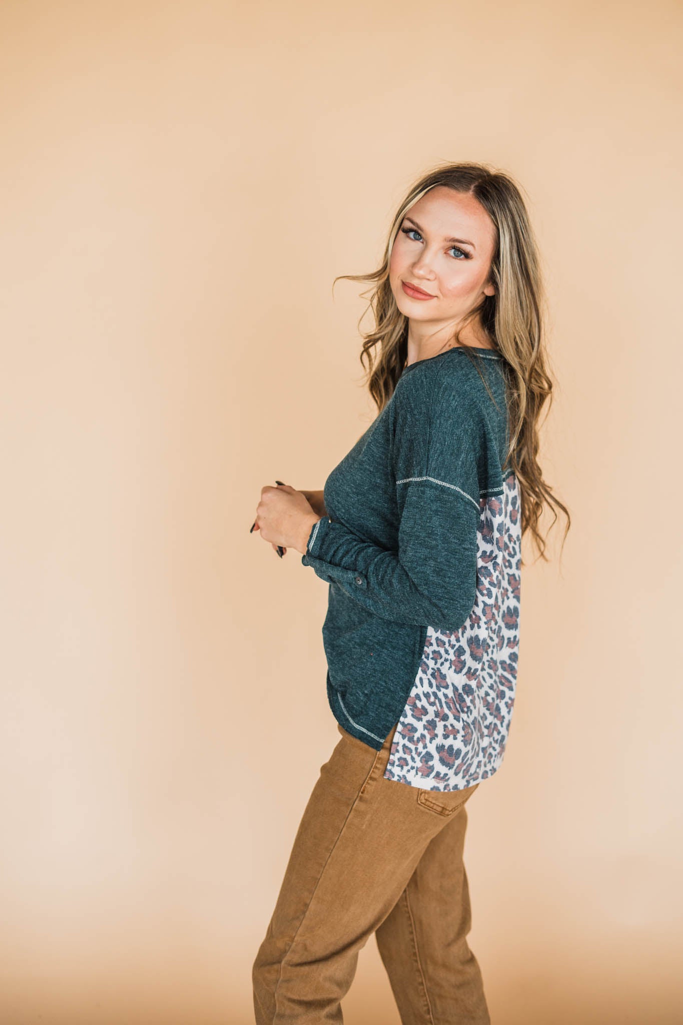 Teal Green Knit Top with Animal Print Contrast