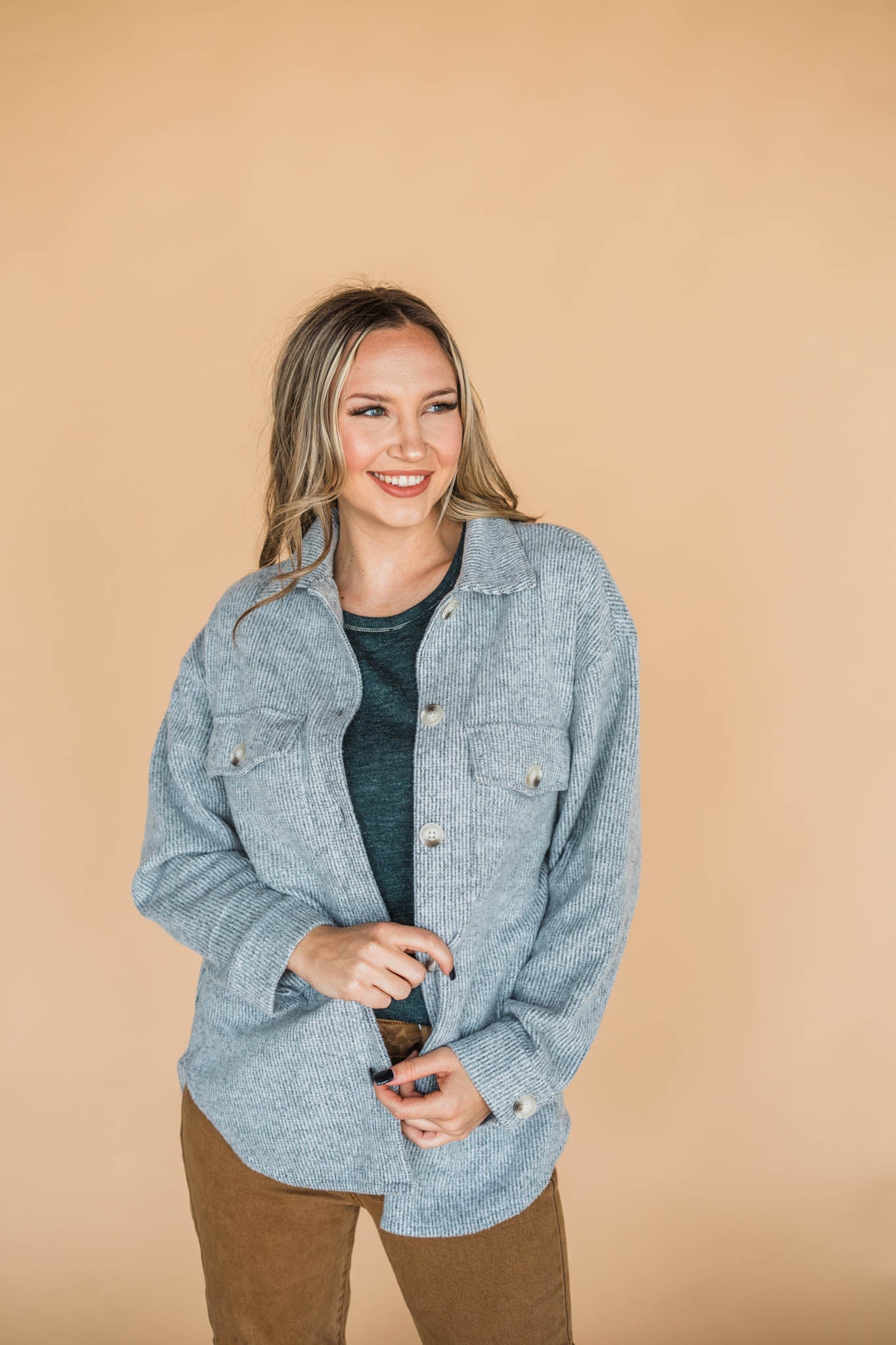 Heather Grey Brushed Button Down Shacket