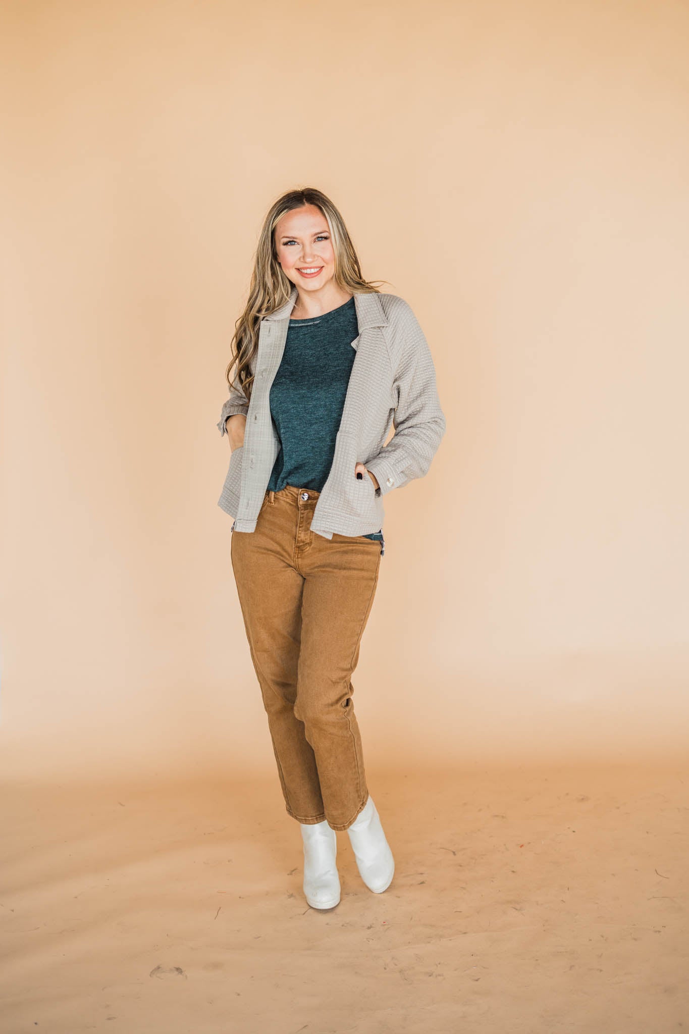 Taupe Waffle Knit Button Down Collared Shirt Jacket