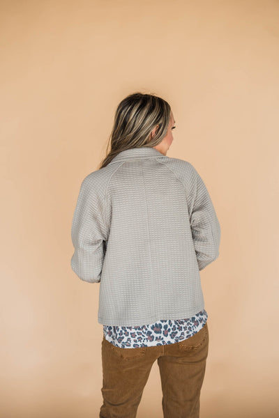 Taupe Waffle Knit Button Down Collared Shirt Jacket