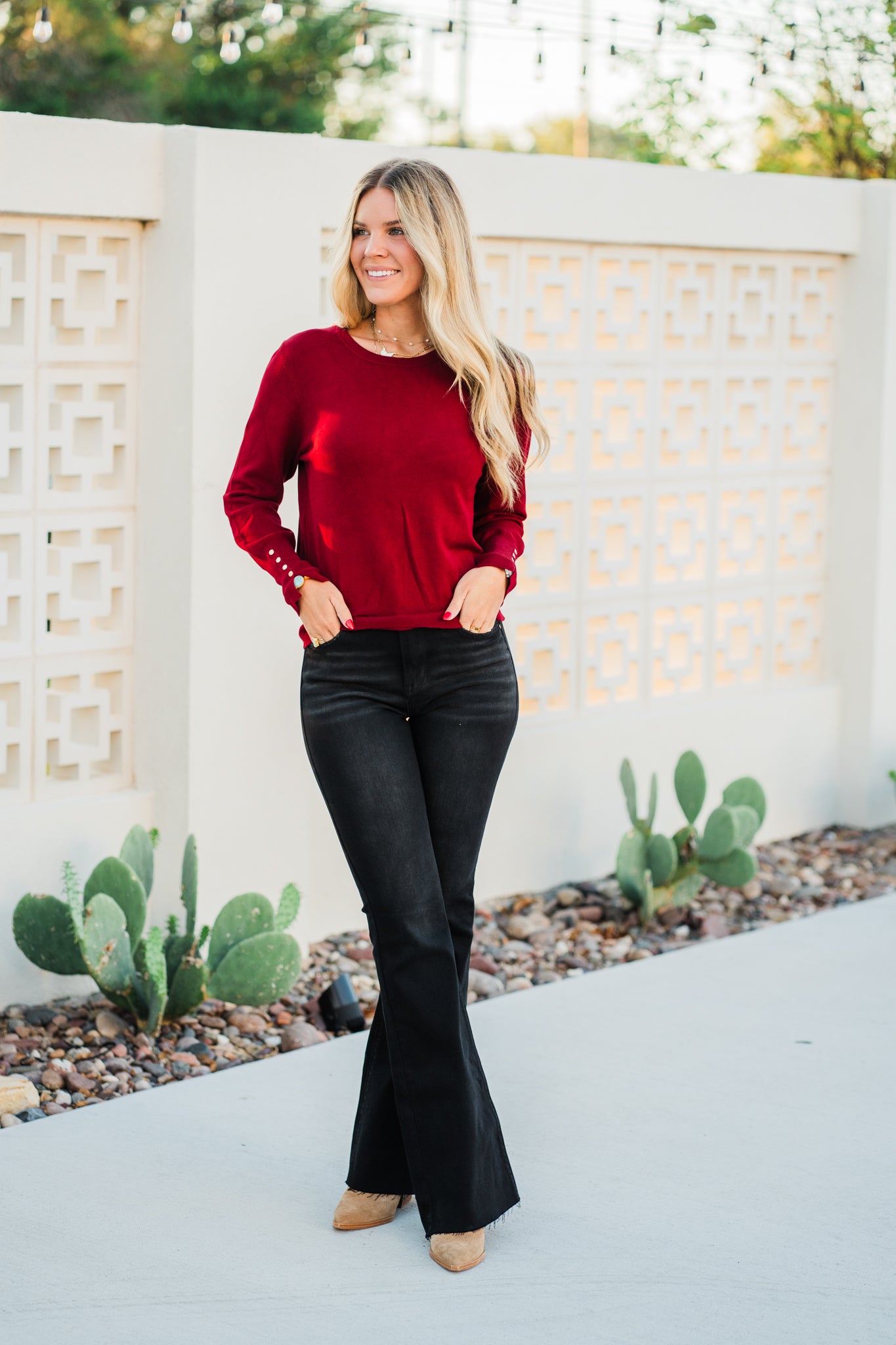 Signature Button Cuff Top- Merlot