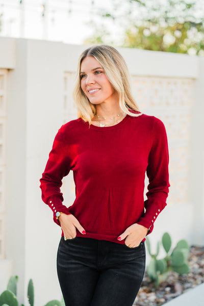 Signature Button Cuff Top- Merlot