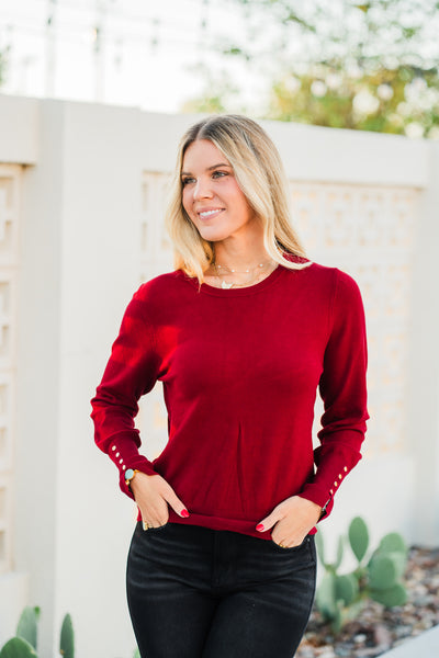 Signature Button Cuff Top- Merlot