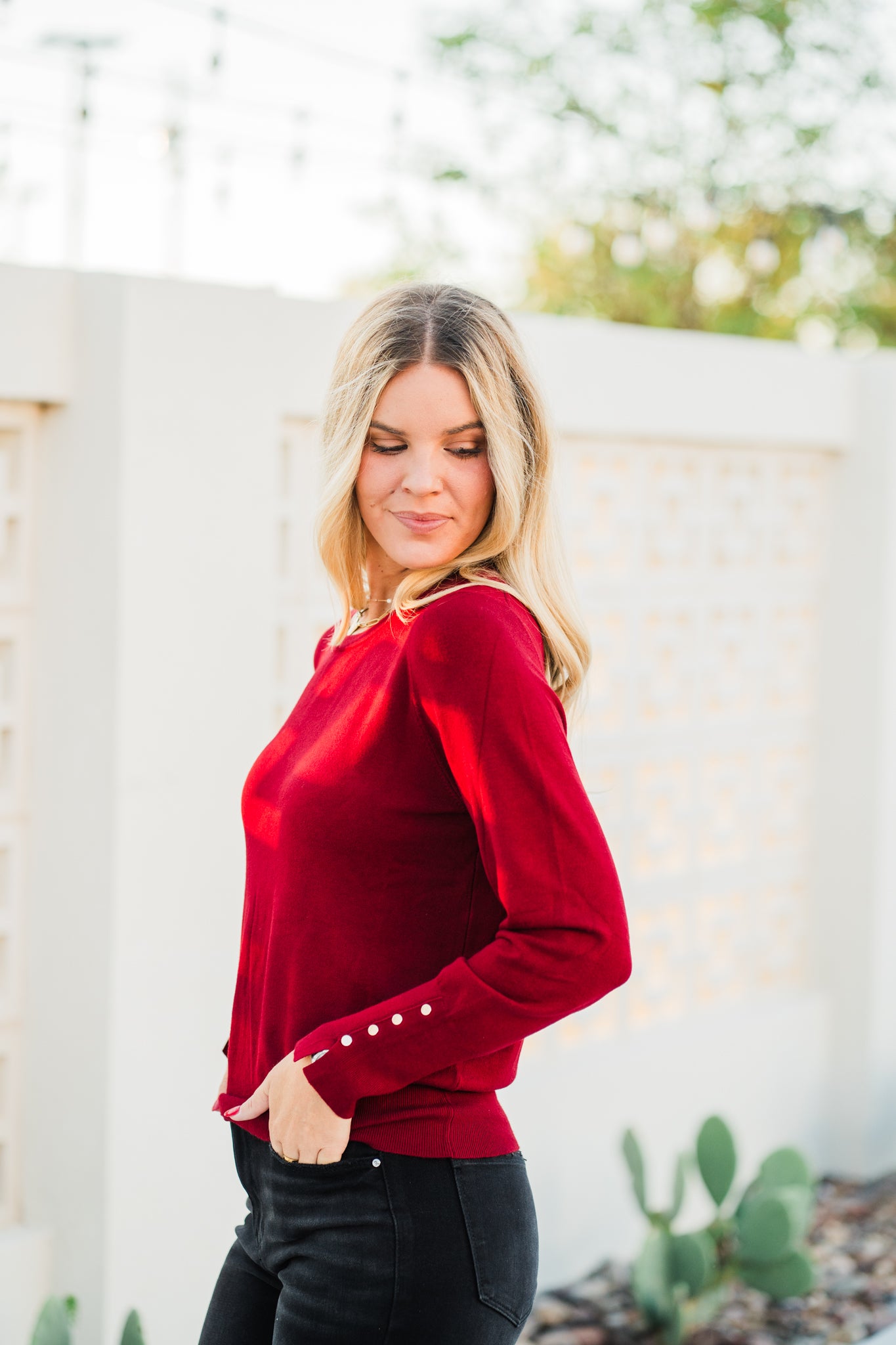 Signature Button Cuff Top- Merlot