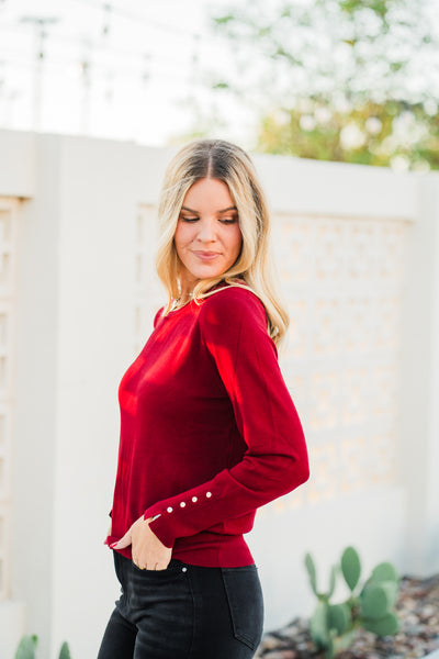 Signature Button Cuff Top- Merlot