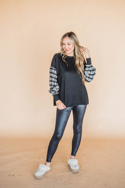 Black and White Plaid Contrast Sleeve Long Sleeve Top